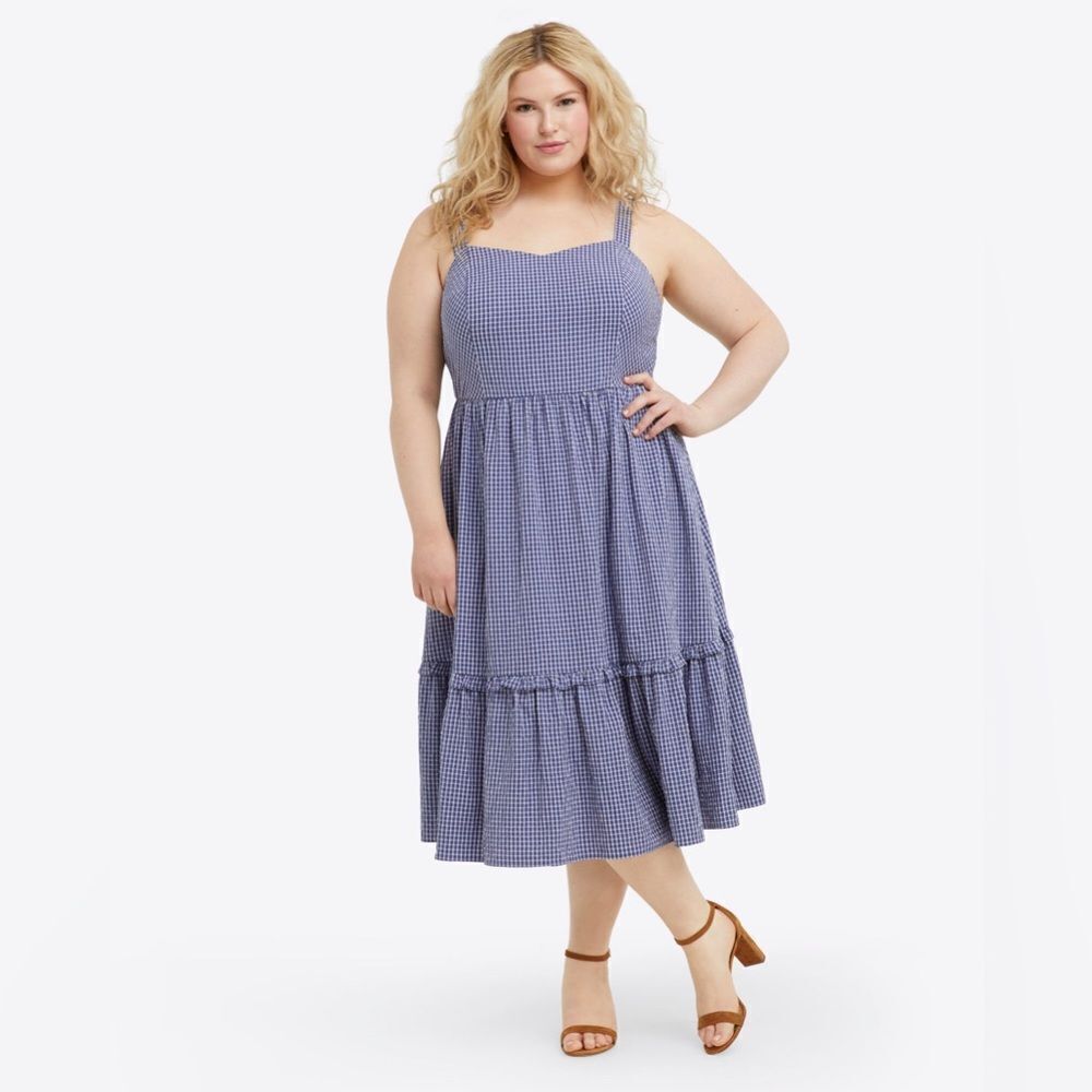 Draper James Martie Tie Back Dress in Navy Blue Gingham Seersucker Size 14